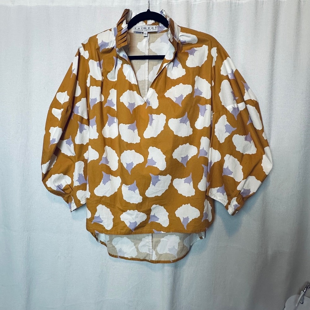 Raiment Beautiful Wright Blouse Large Top Yellow White Cotton 3/4‎ Sleeve Blouse - Picture 9 of 9